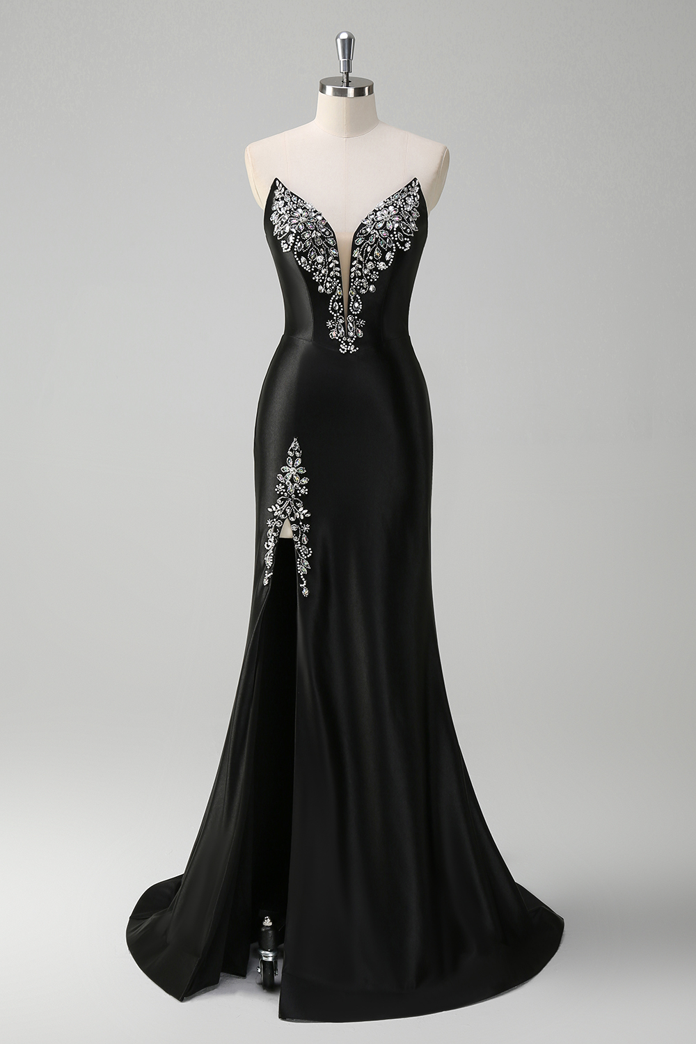 Black Sweetheart Satin Mermaid Long Prom Dress with Beading