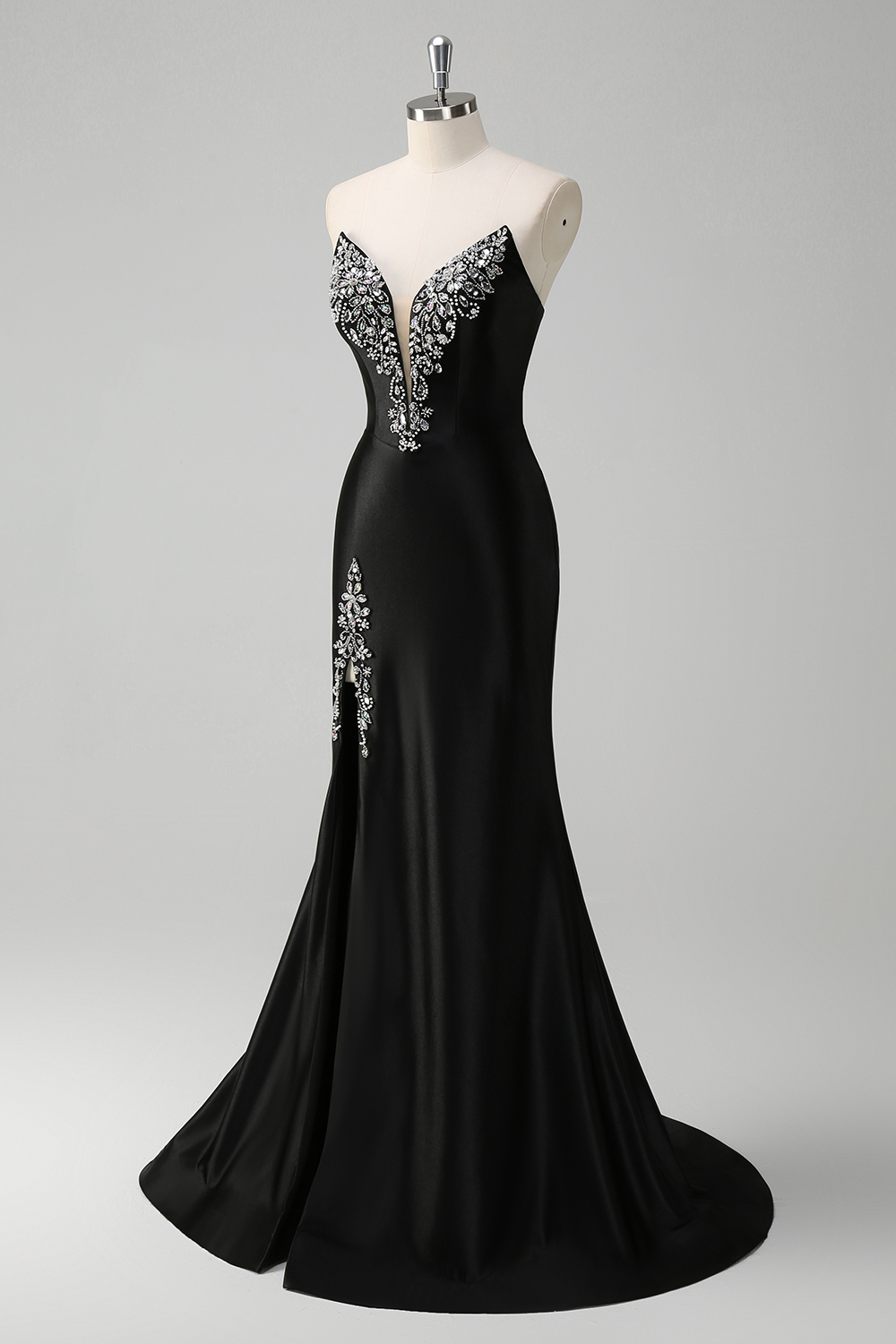 Black Sweetheart Satin Mermaid Long Prom Dress with Beading