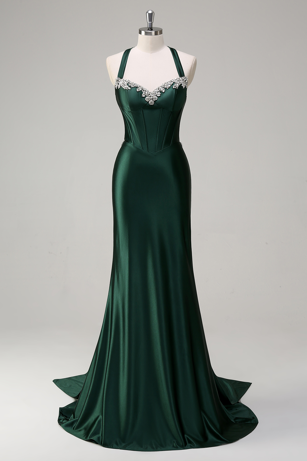 Dark Green Satin Mermaid Spaghetti Straps Long Corset Prom Dress with Beading