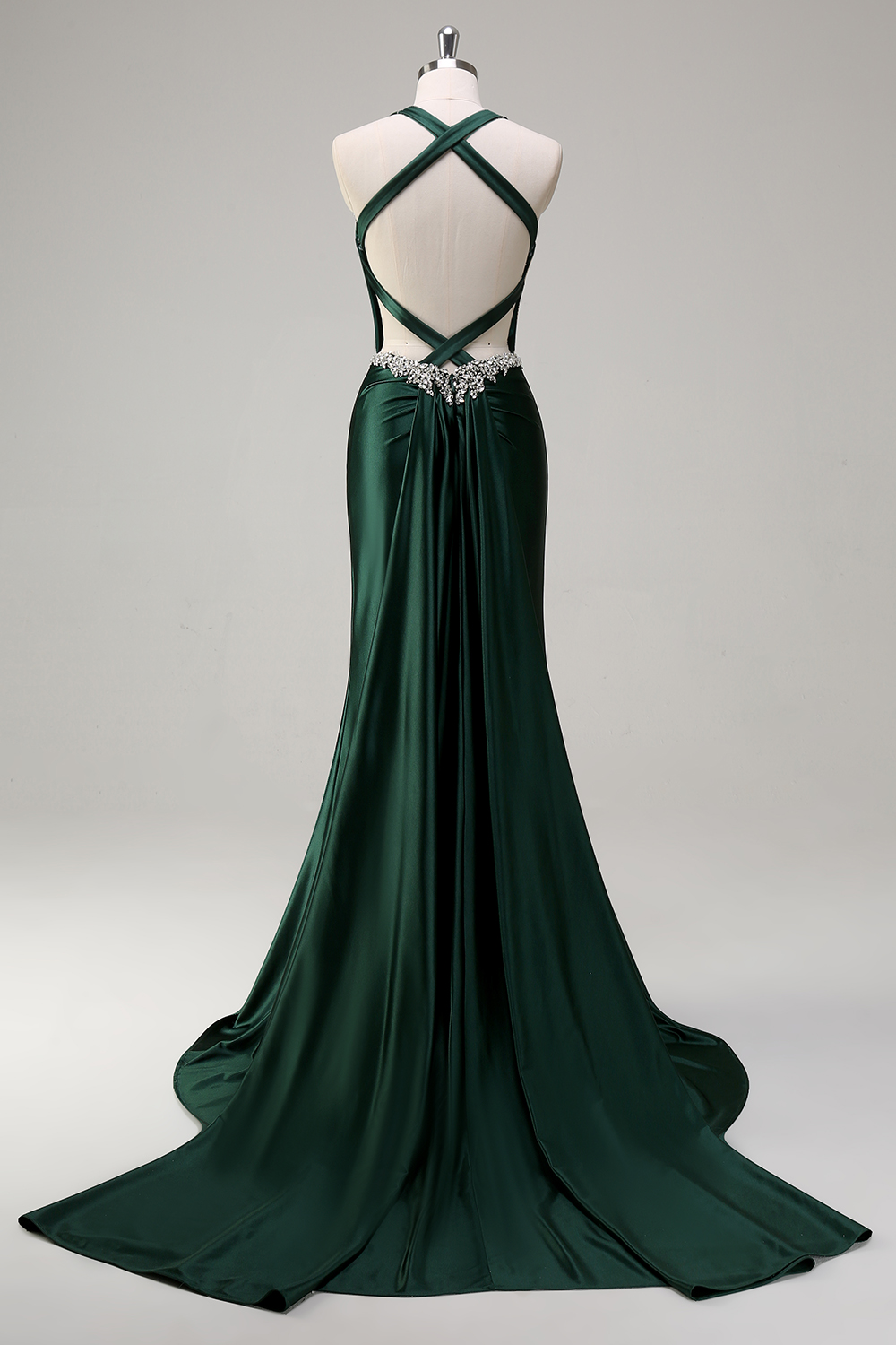 Dark Green Satin Mermaid Spaghetti Straps Long Corset Prom Dress with Beading