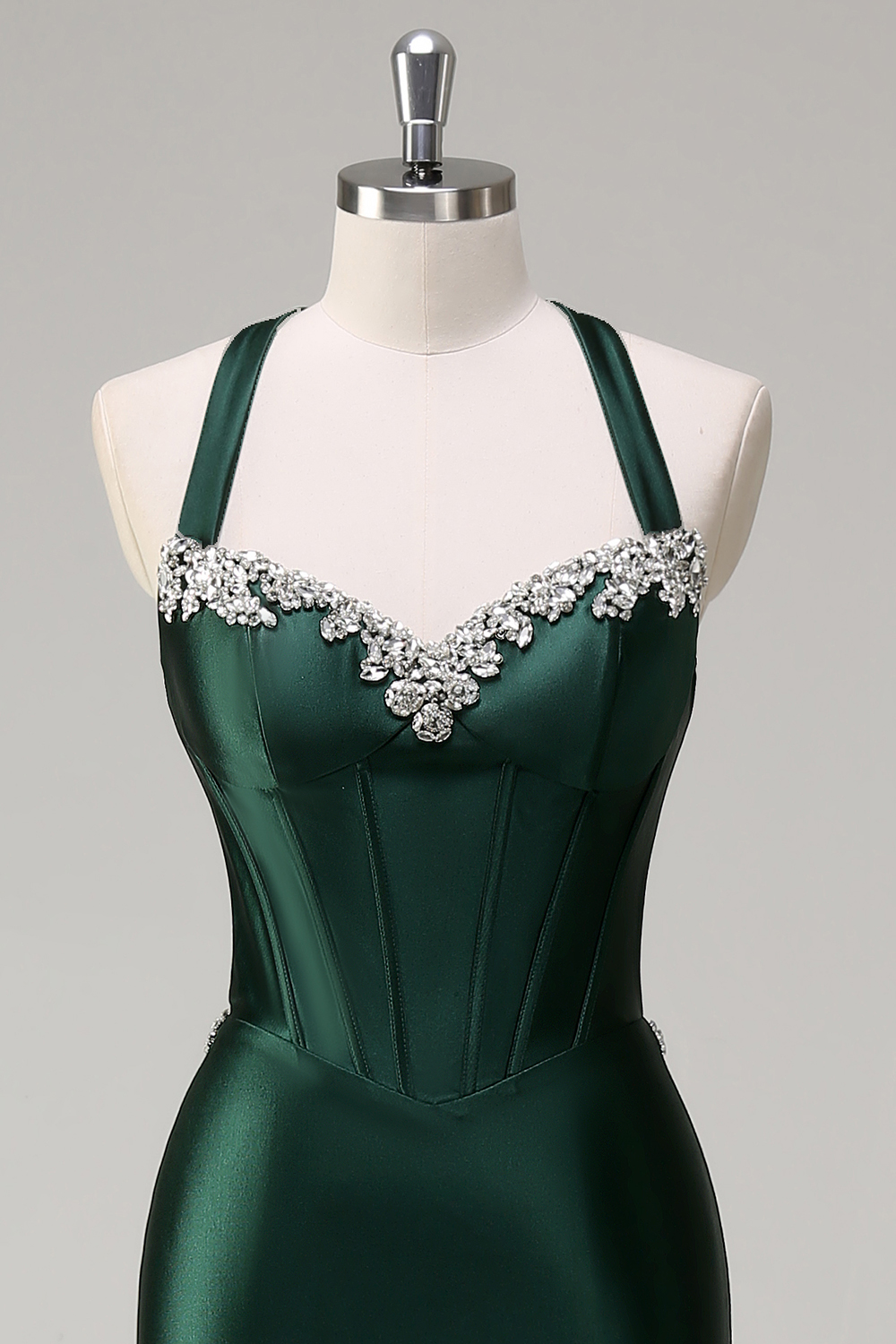 Dark Green Satin Mermaid Spaghetti Straps Long Corset Prom Dress with Beading