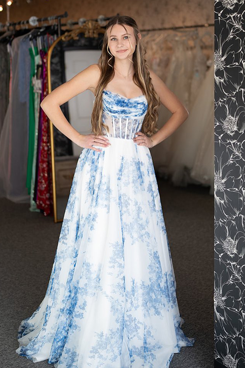 White Blue Flower Printed Corset A Line Long Chiffon Prom Dress with Slit