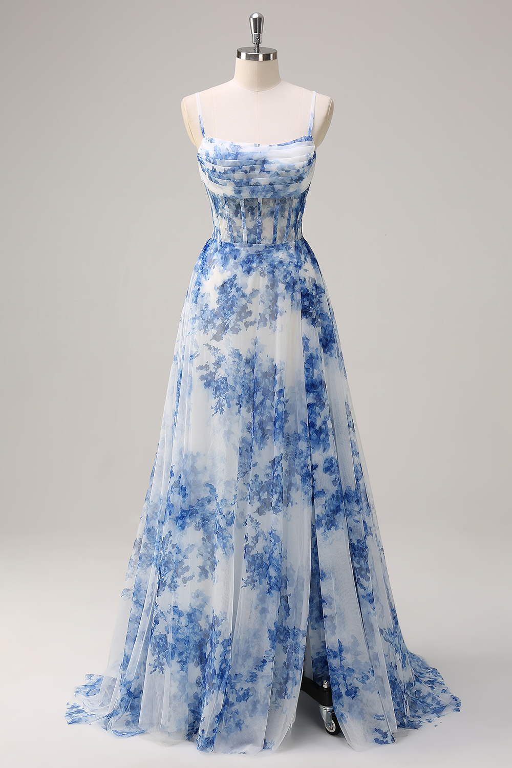Blue Floral Printed Chiffon Spaghetti Straps A-Line Long Corset Prom Dress with Slit