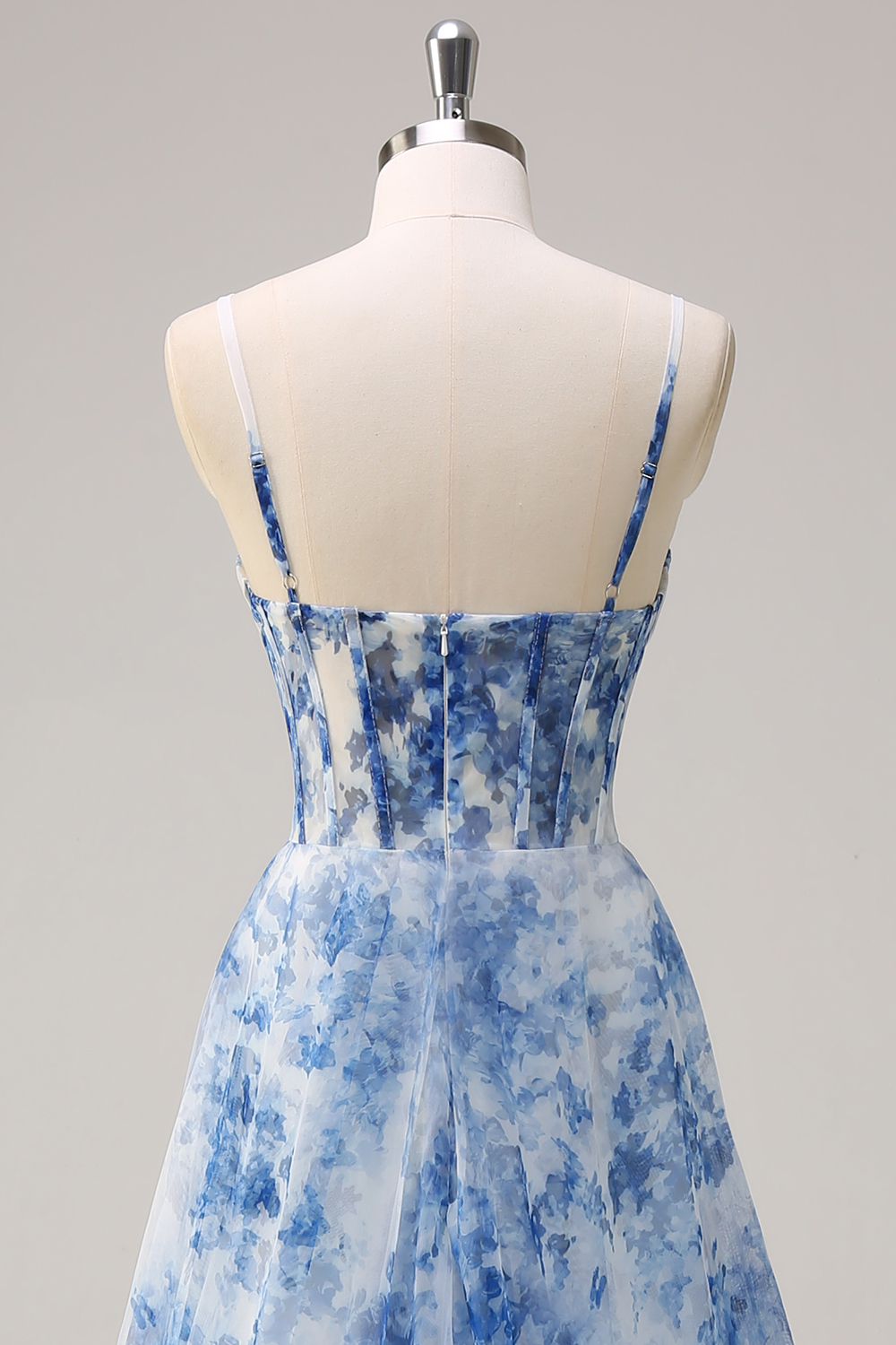 Blue Floral Printed Chiffon Spaghetti Straps A-Line Long Corset Prom Dress with Slit