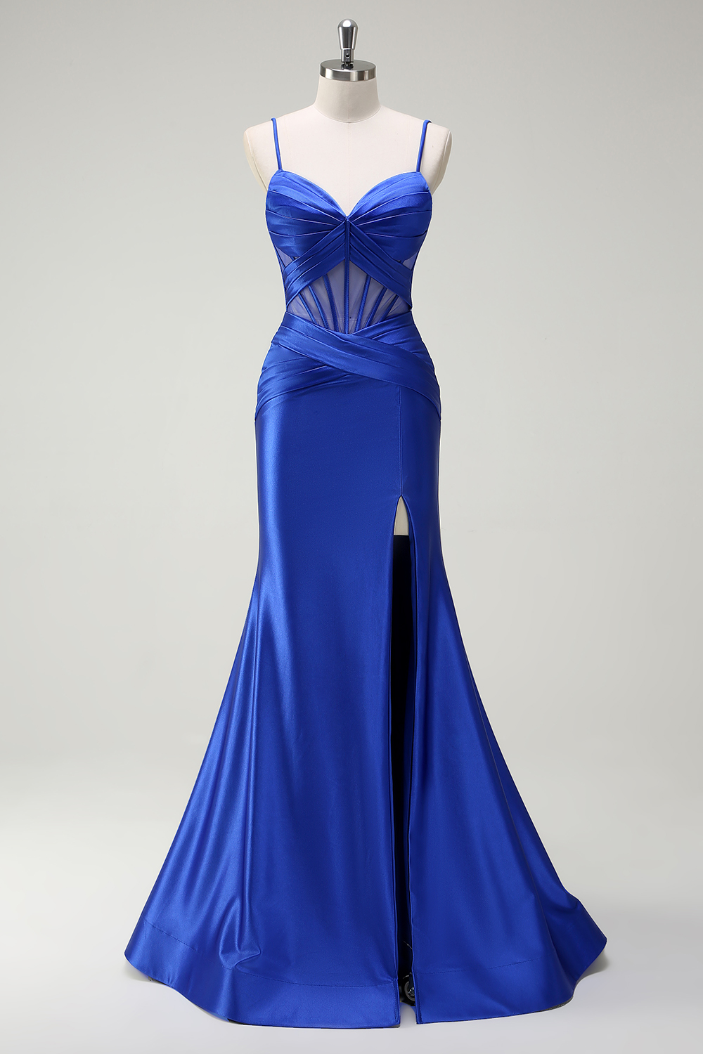 Royal Blue Spaghetti Straps Satin Mermaid Long Prom Dress with Slit