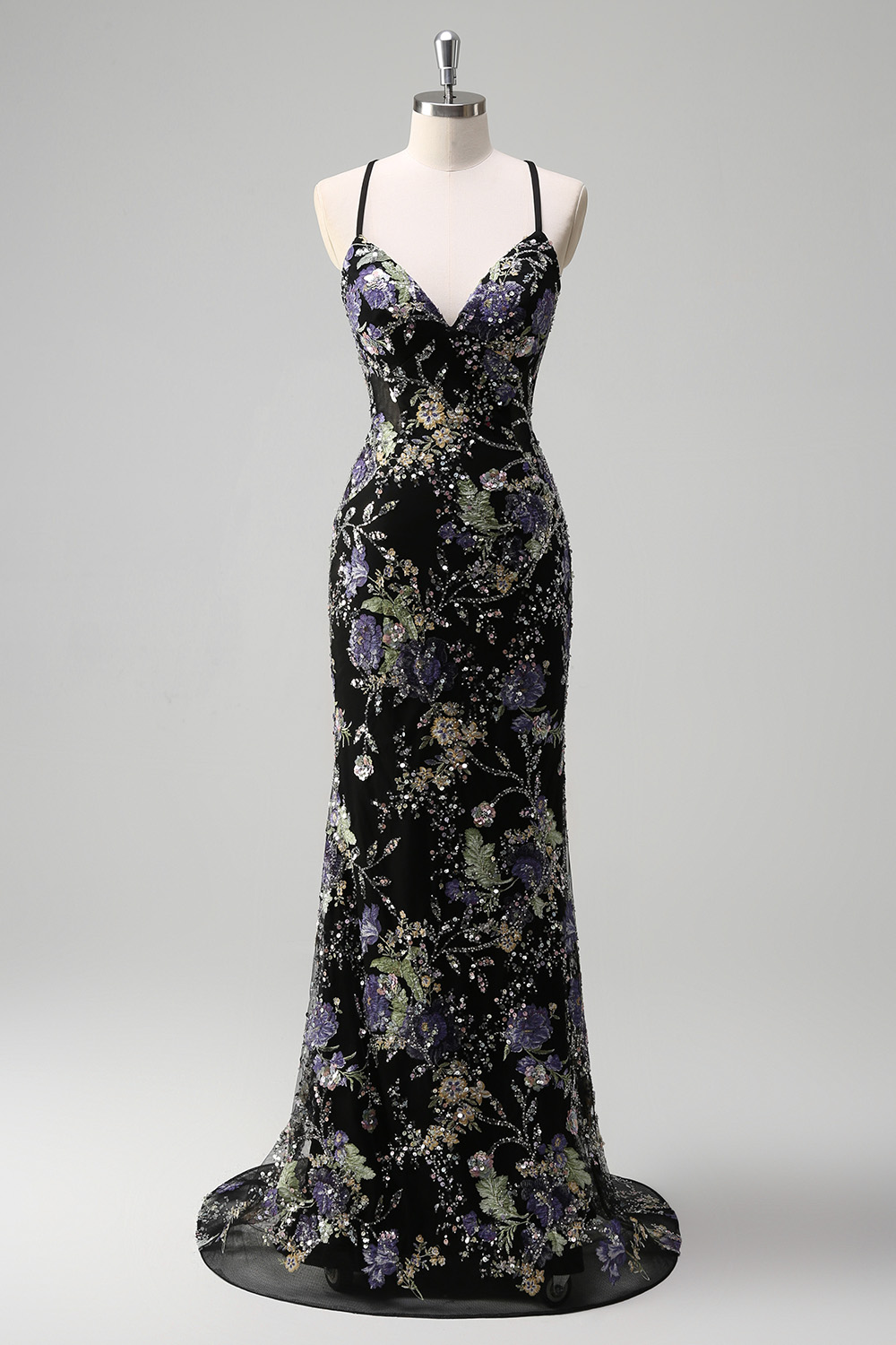 Glitter Navy Spaghetti Straps Mermaid Long Prom Dress with Appliques