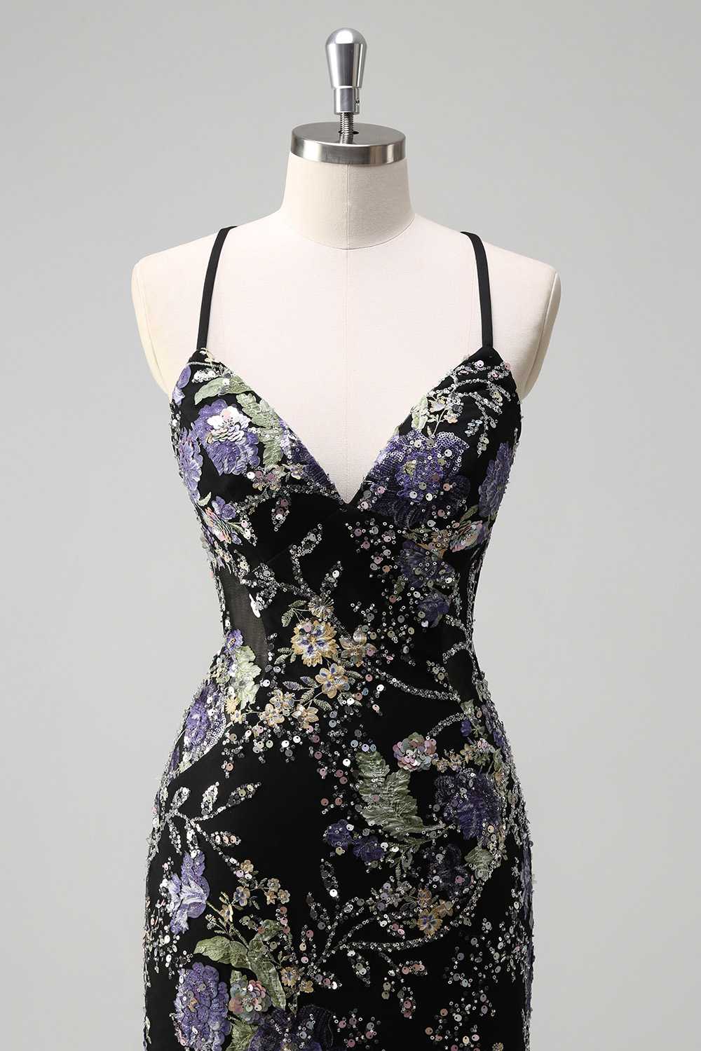 Glitter Navy Spaghetti Straps Mermaid Long Prom Dress with Appliques