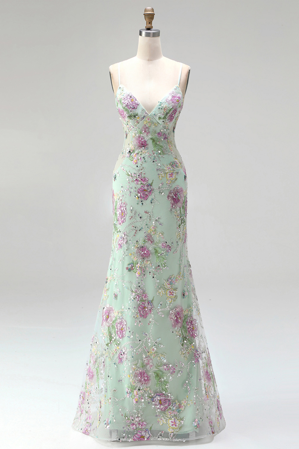 Sparkly Blue Beaded Mermaid Long Floral Prom Dress with Sequins
