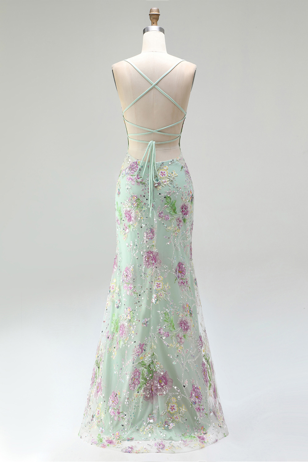Sparkly Blue Beaded Mermaid Long Floral Prom Dress with Sequins