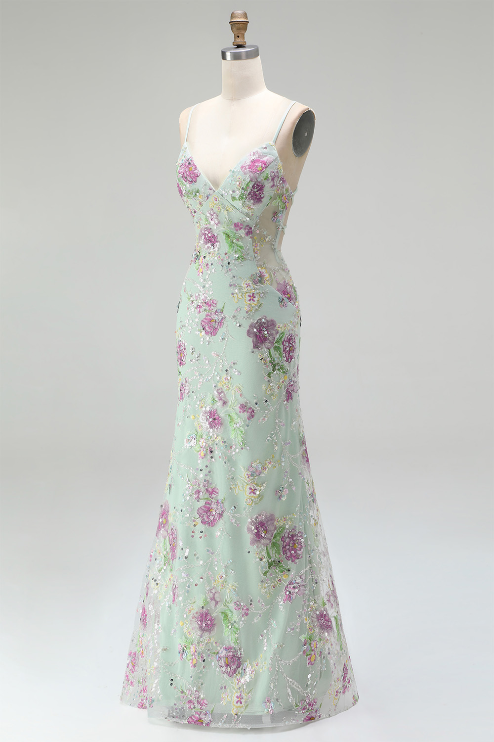 Sparkly Blue Beaded Mermaid Long Floral Prom Dress with Sequins