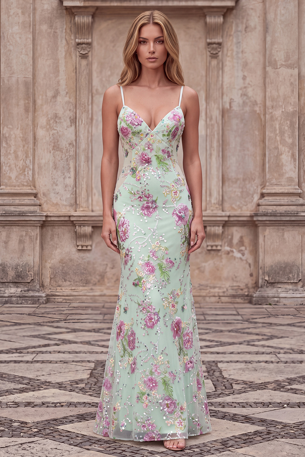 Sparkly Blue Beaded Mermaid Long Floral Prom Dress with Sequins