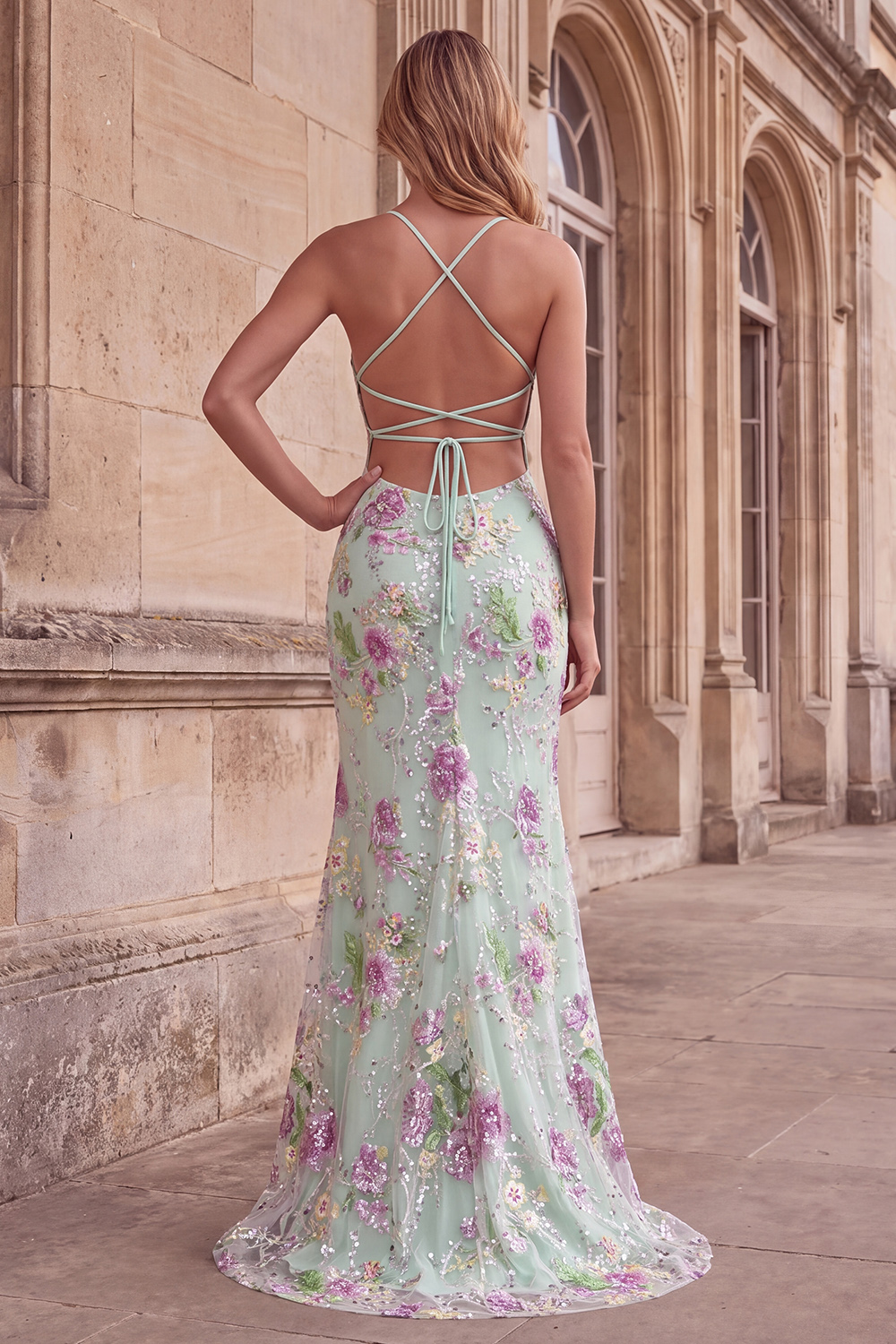 Sparkly Blue Beaded Mermaid Long Floral Prom Dress with Sequins