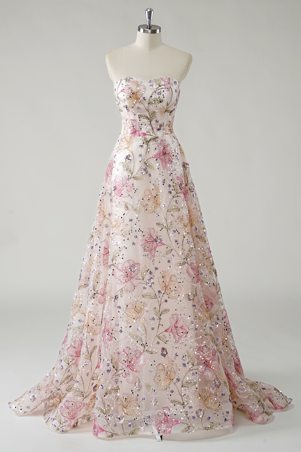 Pink Floral Embroidery Sweetheart Sequins Princess Long Prom Dress