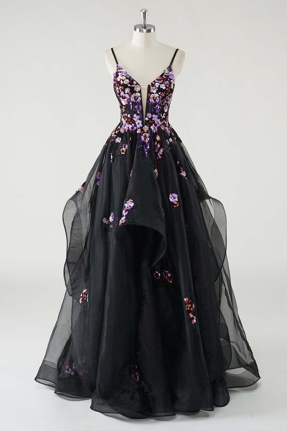 Black Princess Spaghetti Straps Tiered Long Corset Prom Dress with Sequins