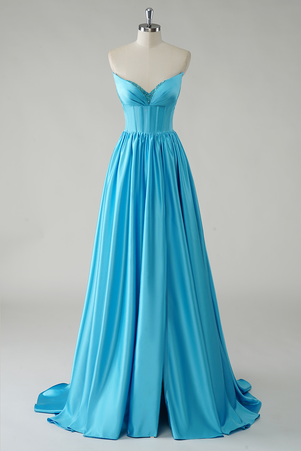 Trendy Blue Sweetheart A-Line Satin Long Corset Prom Dress with Sequins