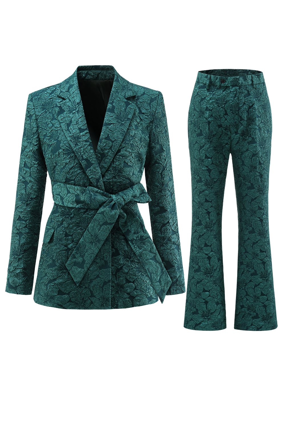 Dark Green Floral Notched Lapel Double Breasted 2 Pieces Women Suits with Belt