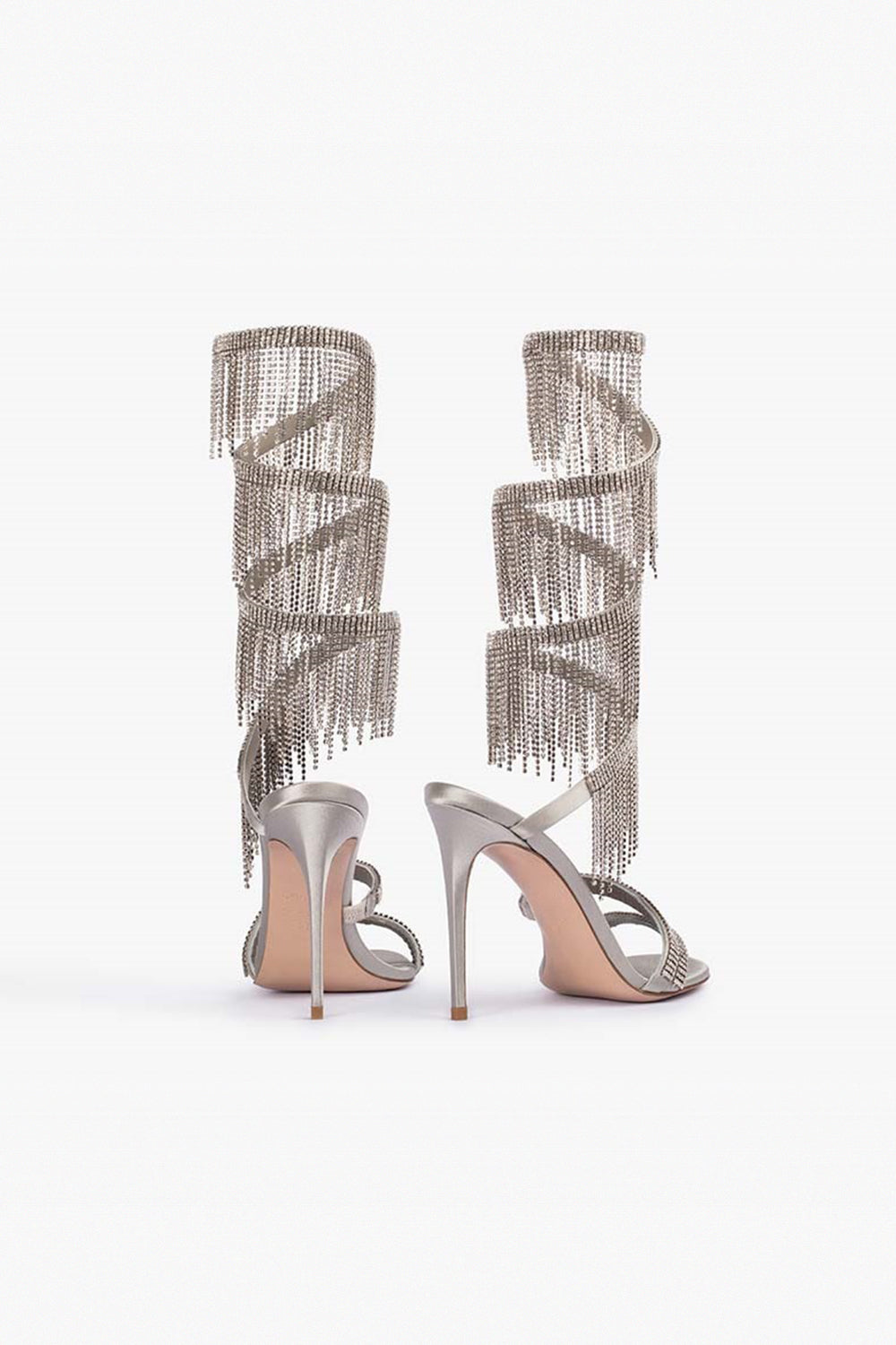 Glitter Silver Open Toe Strappy Tassels High Heels with Beading