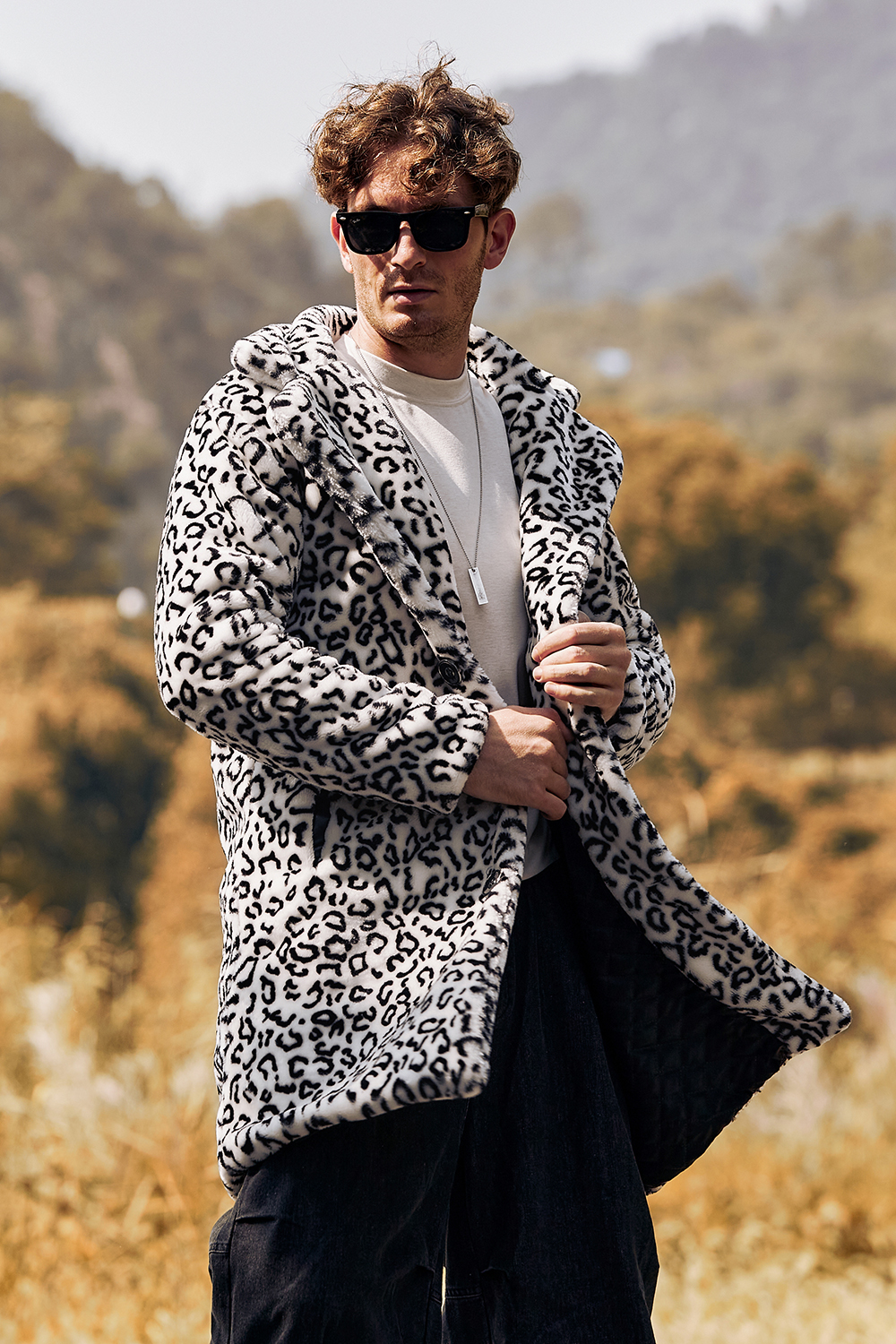 Hellymoon White Leopard Fluffy Notched Lapel Long Sleeves Faux Fur Long