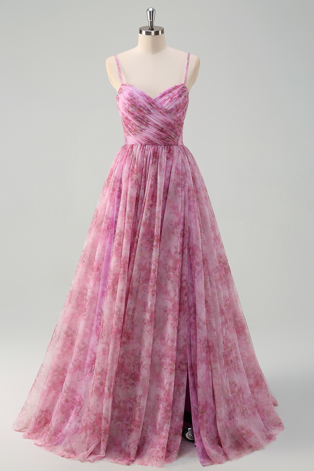 Pinkish Purple Floral Printed Spaghetti Straps A-Line Tulle Long Prom Dress with Slit