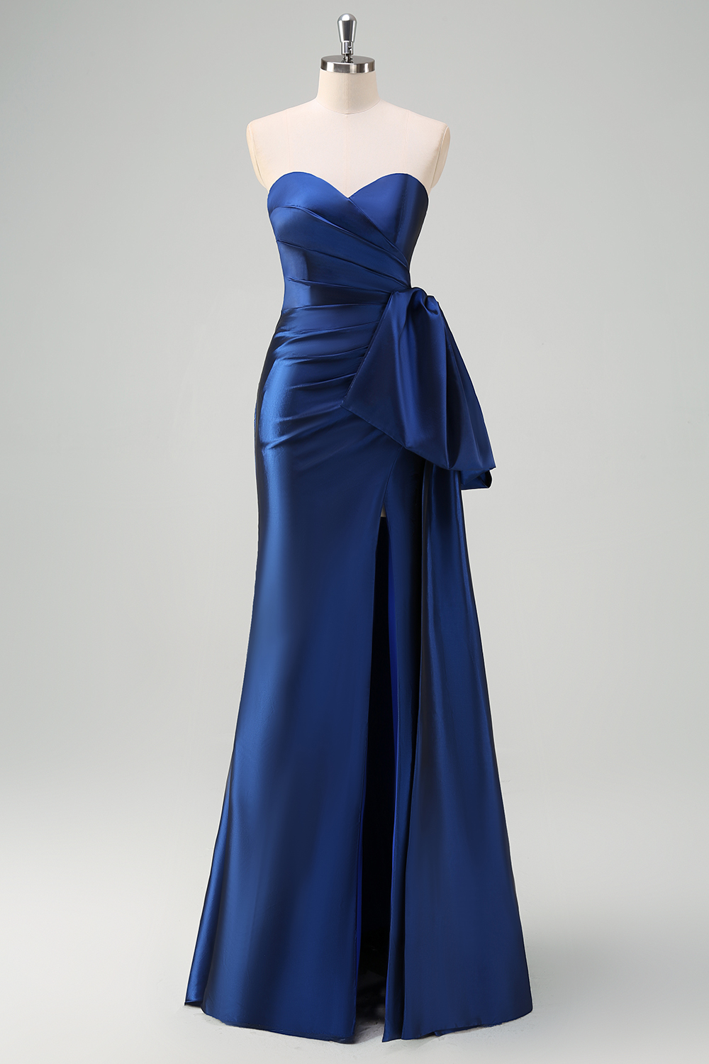 Dark Blue Sweetheart Sheath Satin Ruched Long Prom Dress with Slit