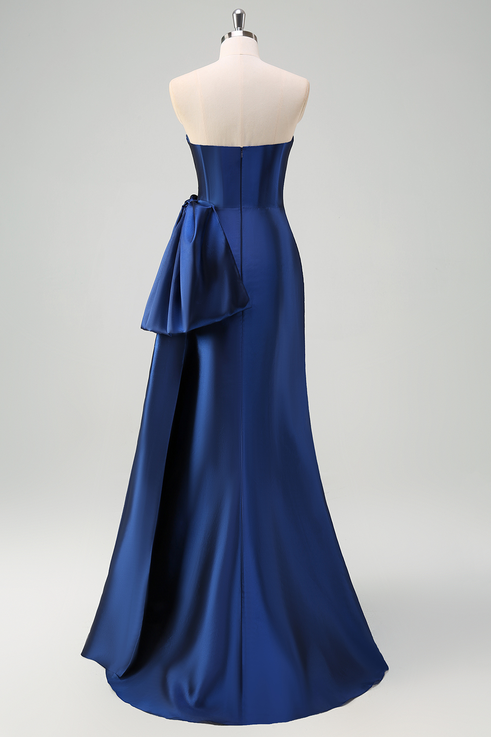 Dark Blue Sweetheart Sheath Satin Ruched Long Prom Dress with Slit