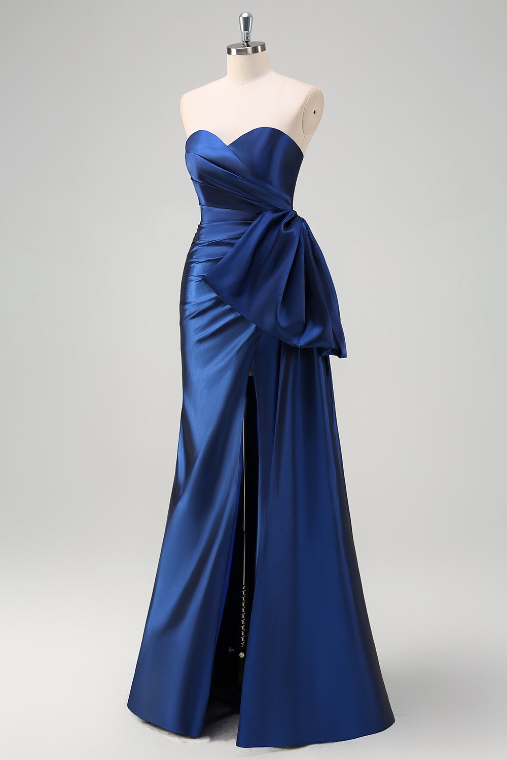 Dark Blue Sweetheart Sheath Satin Ruched Long Prom Dress with Slit