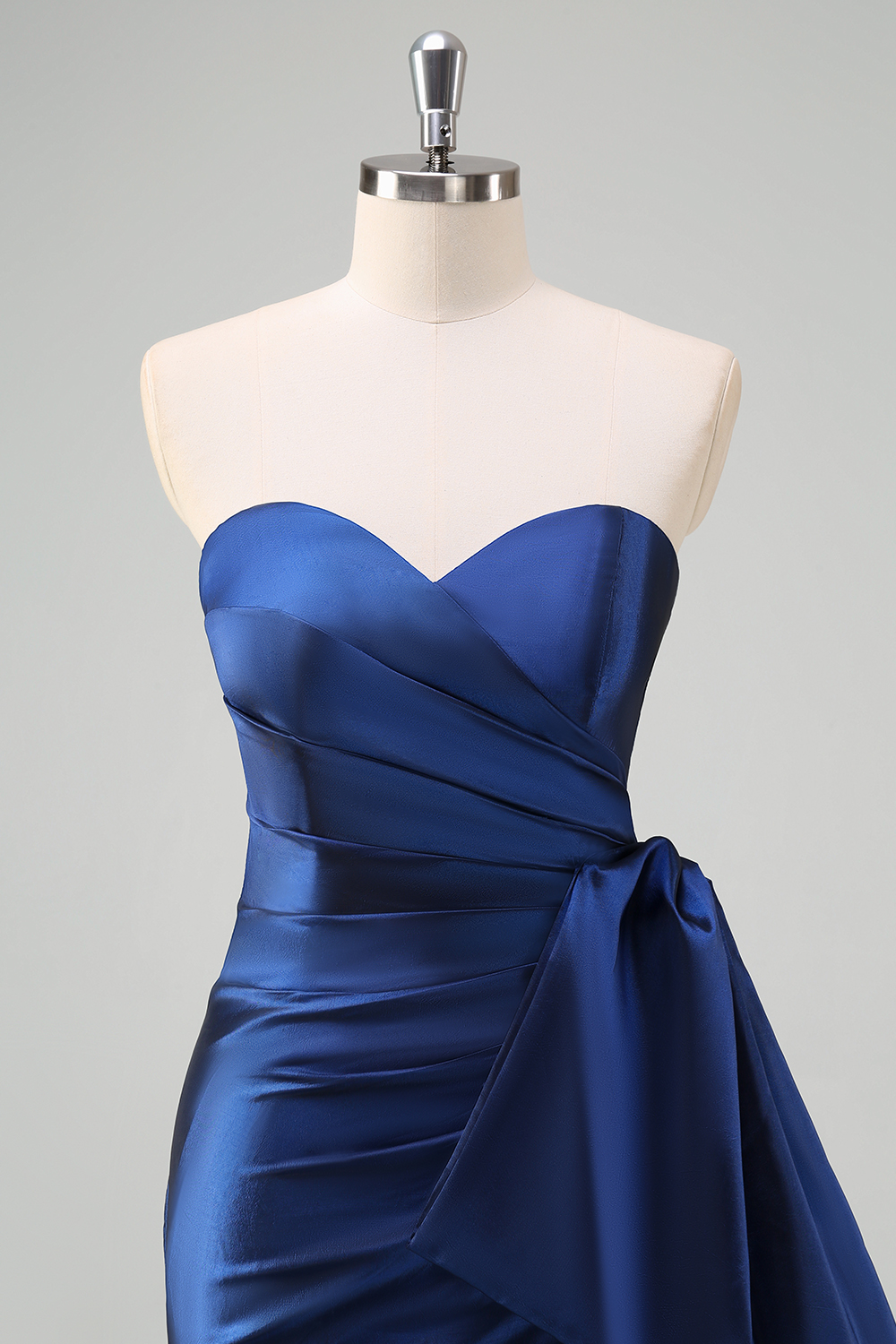 Dark Blue Sweetheart Sheath Satin Ruched Long Prom Dress with Slit