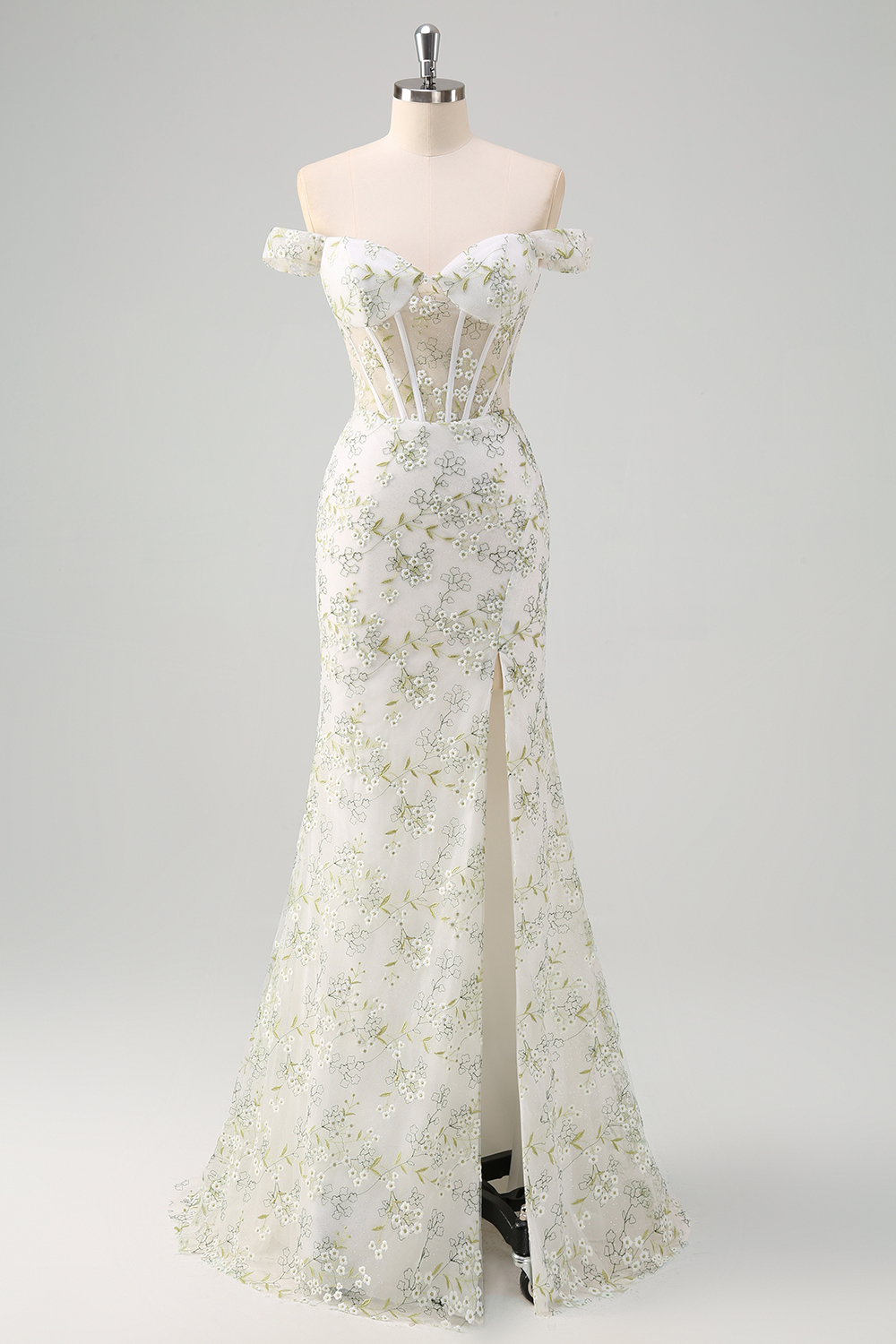 Light Green Floral Embroidery Off the Shoulder Mermaid Long Corset Prom Dress with Slit