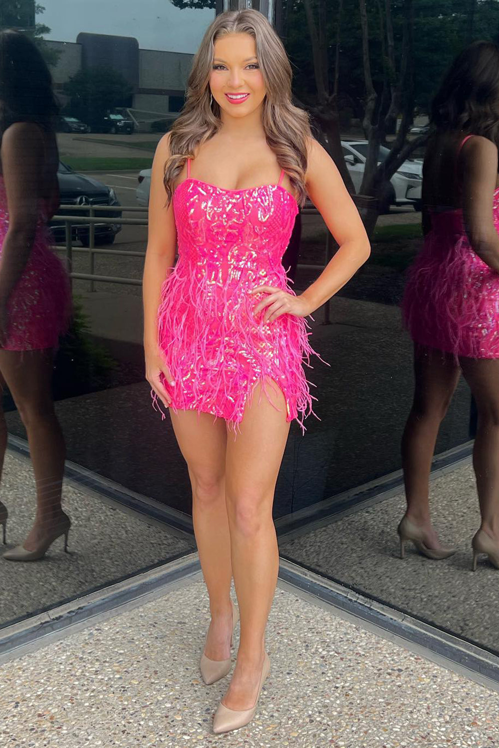 Sparkly Sheath Spaghetti Straps Hot Pink Short Homecoming Dress with Feather