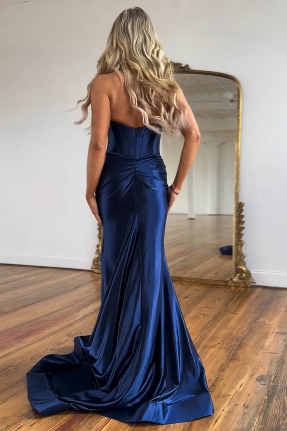 Navy Halter Neck Satin Mermaid Long Corset Prom Dress with Slit