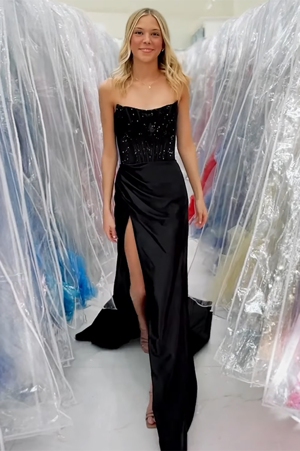 Glitter Royal Blue Strapless Mermaid Satin Long Corset Prom Dress with Beading