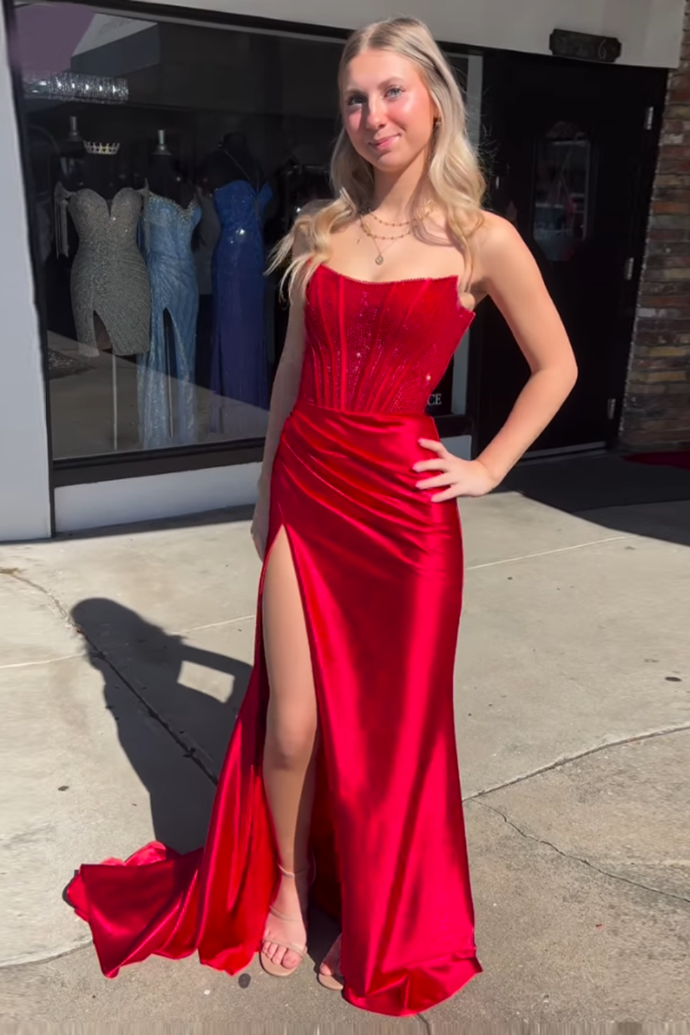 Glitter Royal Blue Strapless Mermaid Satin Long Corset Prom Dress with Beading