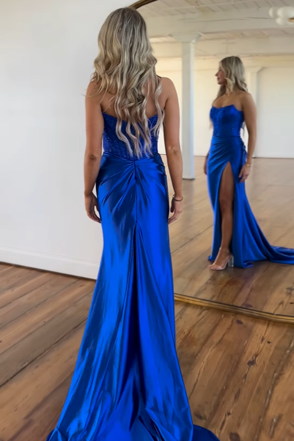 Glitter Royal Blue Strapless Mermaid Satin Long Corset Prom Dress with Beading