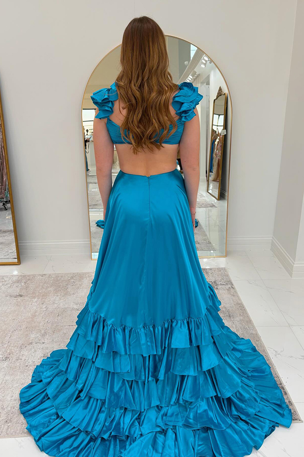 Red V-Neck A-Line Satin Tiered Long Prom Dress with Ruffles