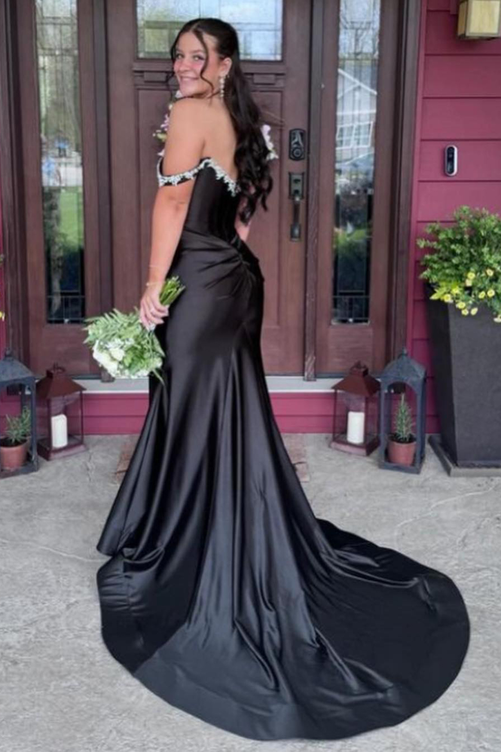 Sparkly Silver Off the Shoulder Mermaid Satin Ruched Long Prom Dress with Slit