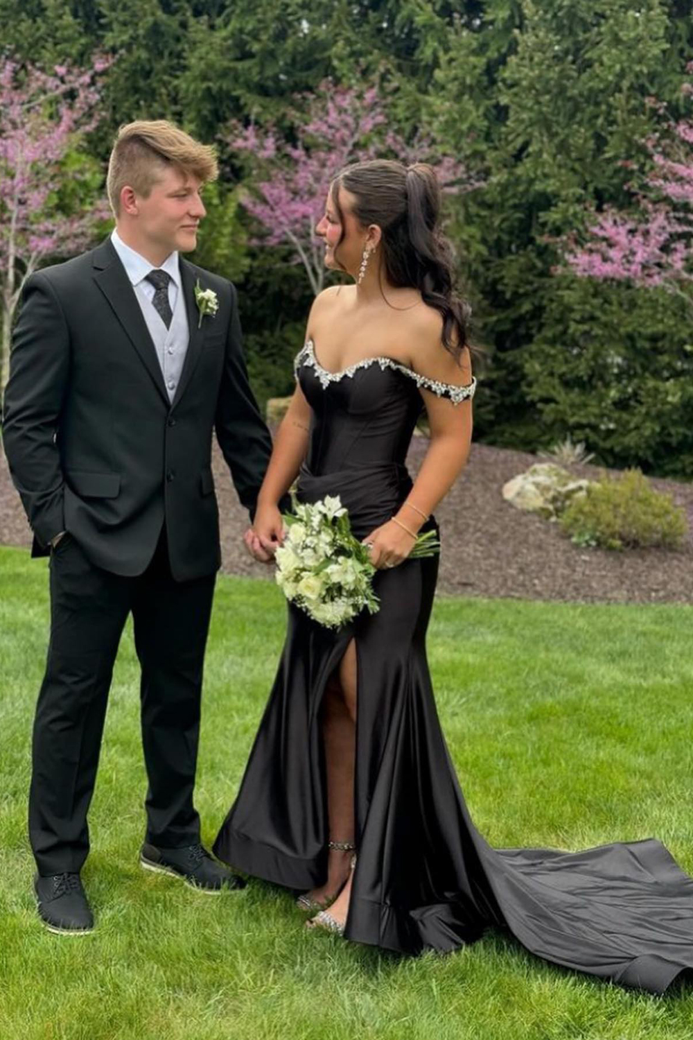 Sparkly Silver Off the Shoulder Mermaid Satin Ruched Long Prom Dress with Slit