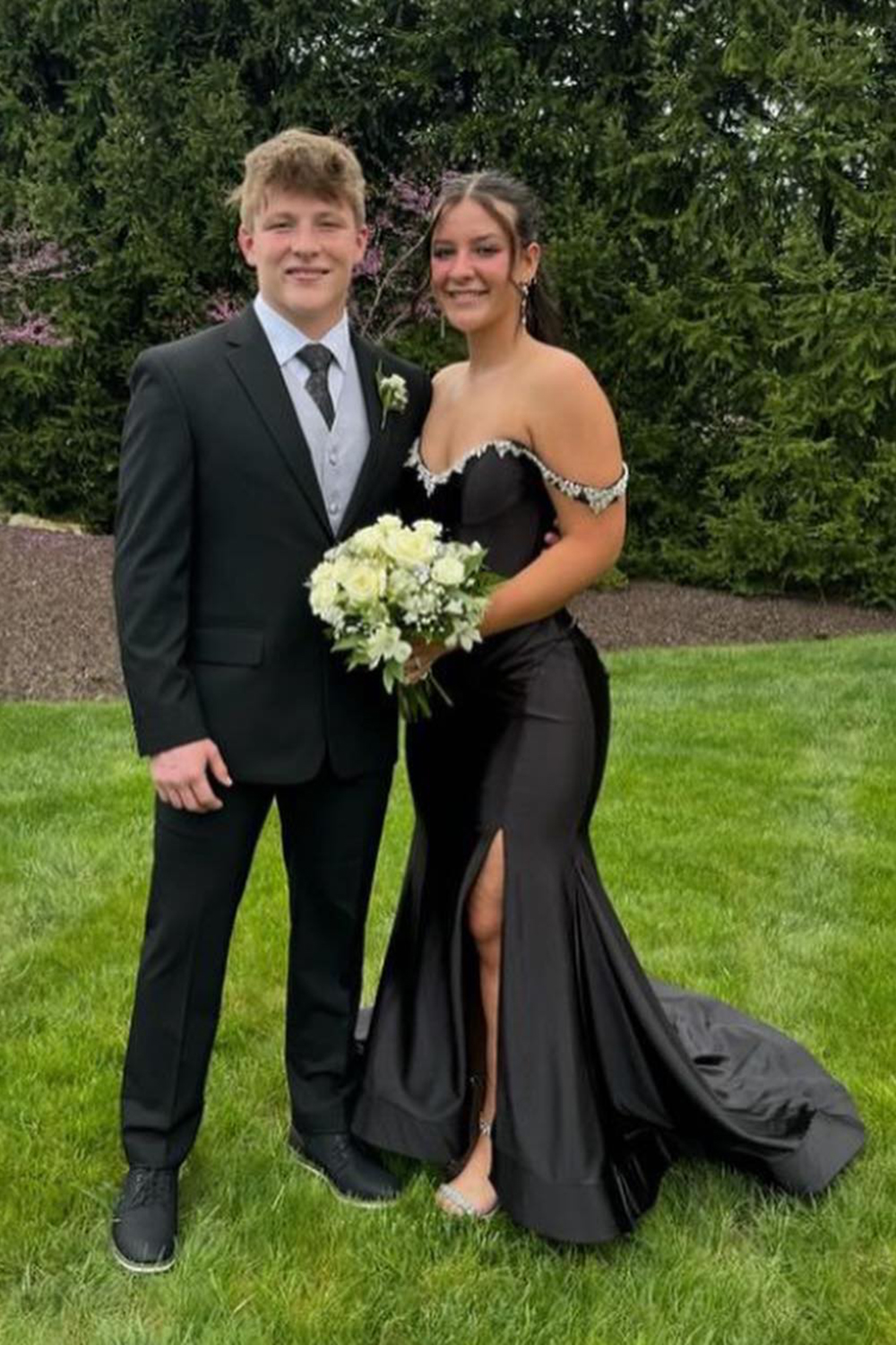 Sparkly Silver Off the Shoulder Mermaid Satin Ruched Long Prom Dress with Slit