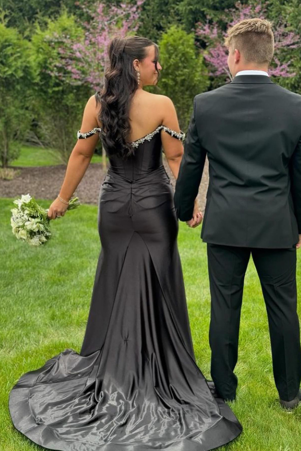 Sparkly Silver Off the Shoulder Mermaid Satin Ruched Long Prom Dress with Slit