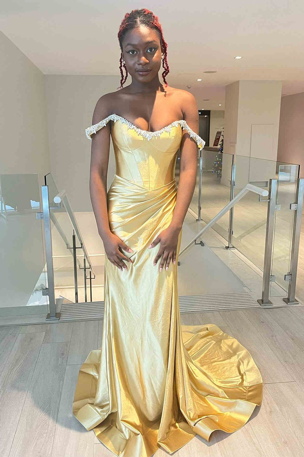 Sparkly Silver Off the Shoulder Mermaid Satin Ruched Long Prom Dress with Slit