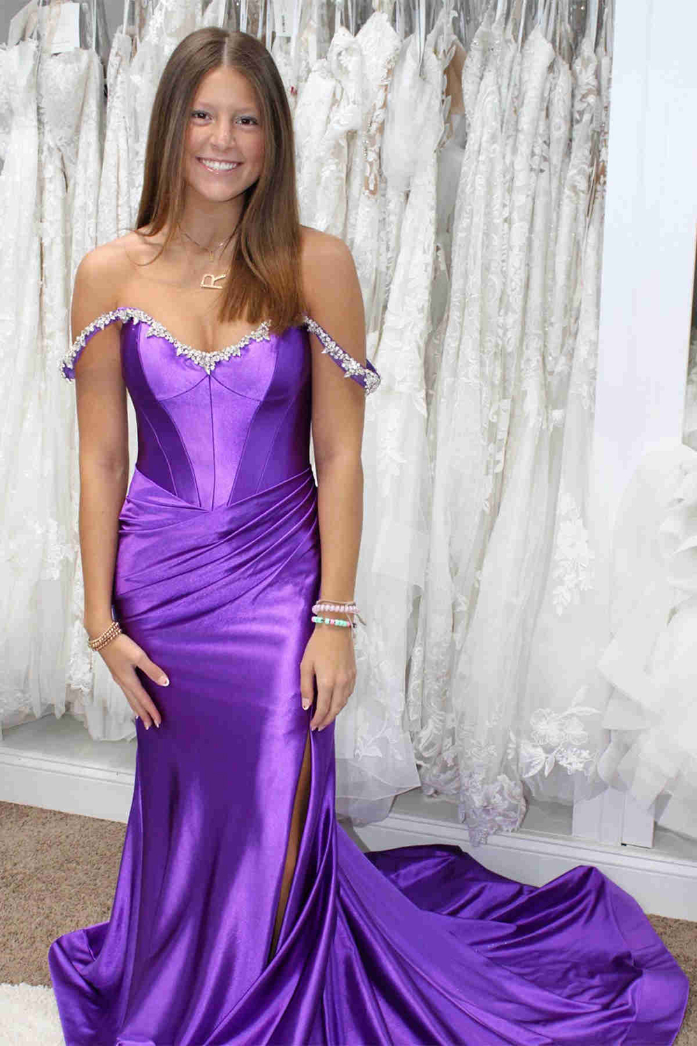 Sparkly Silver Off the Shoulder Mermaid Satin Ruched Long Prom Dress with Slit
