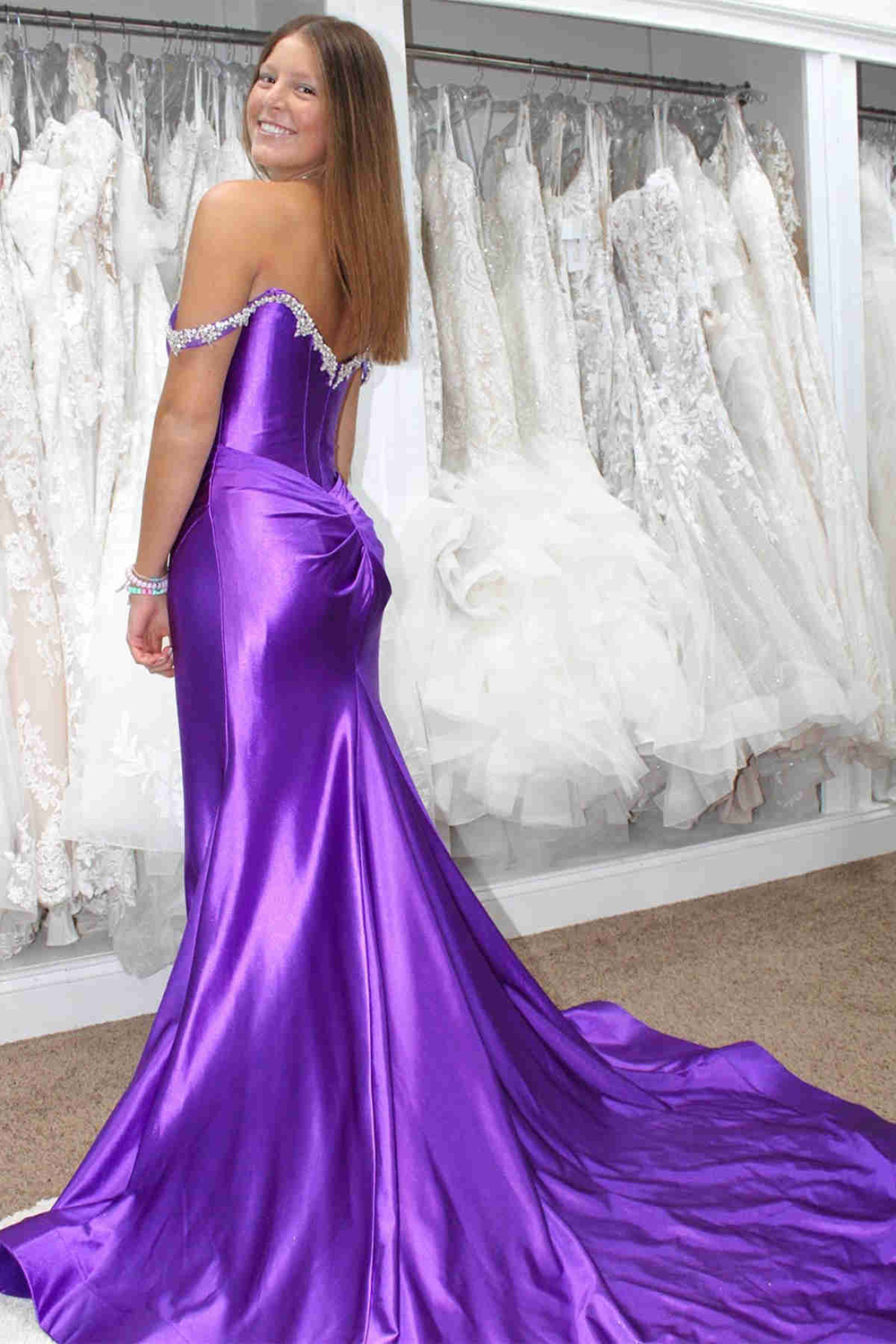 Sparkly Silver Off the Shoulder Mermaid Satin Ruched Long Prom Dress with Slit