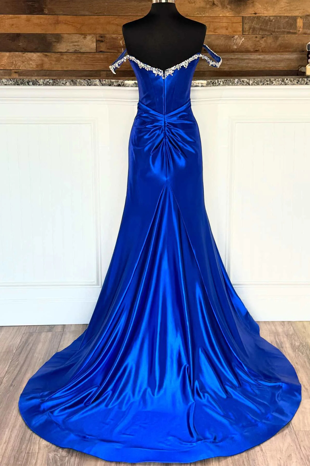 Sparkly Silver Off the Shoulder Mermaid Satin Ruched Long Prom Dress with Slit