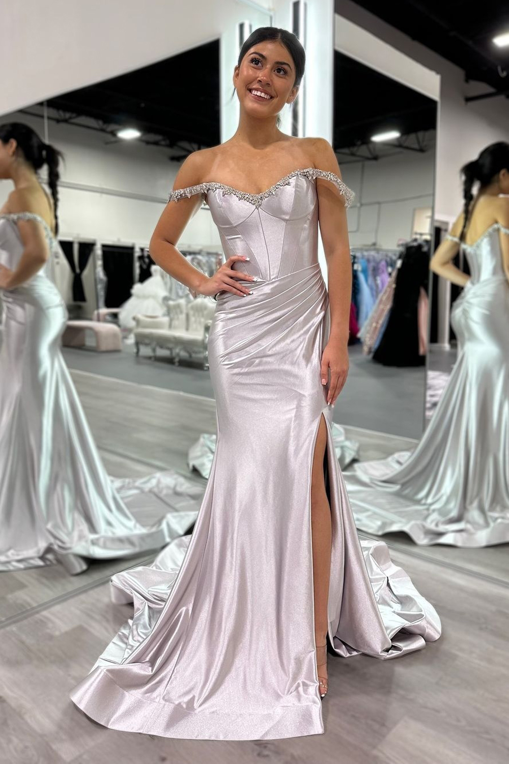 Sparkly Silver Off the Shoulder Mermaid Satin Ruched Long Prom Dress with Slit