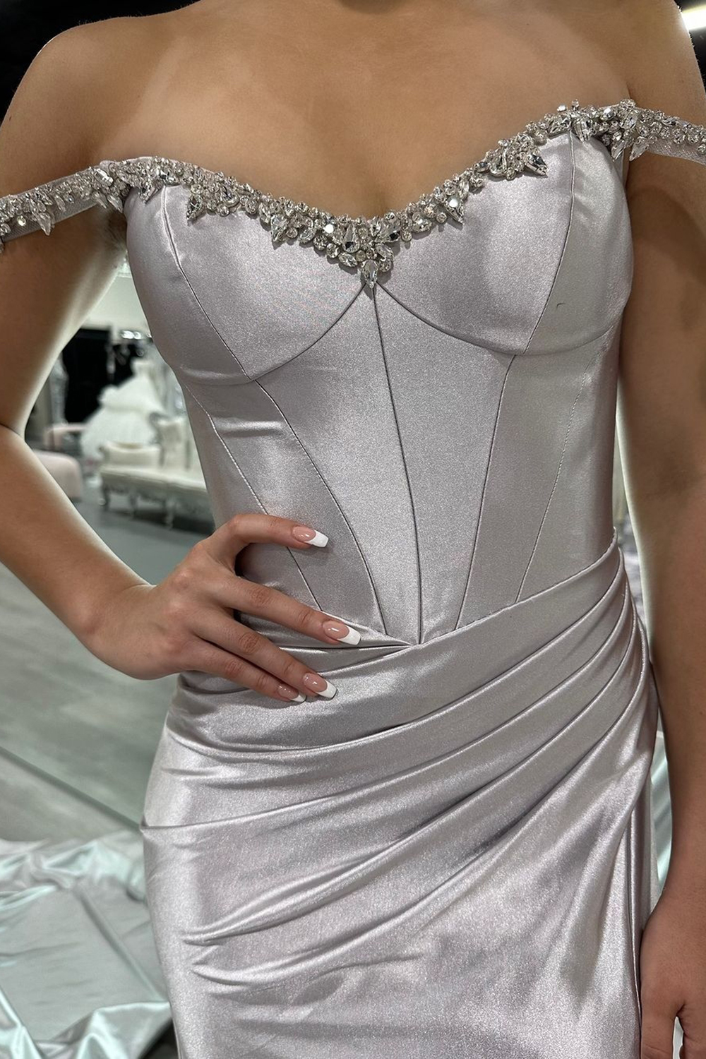 Sparkly Silver Off the Shoulder Mermaid Satin Ruched Long Prom Dress with Slit