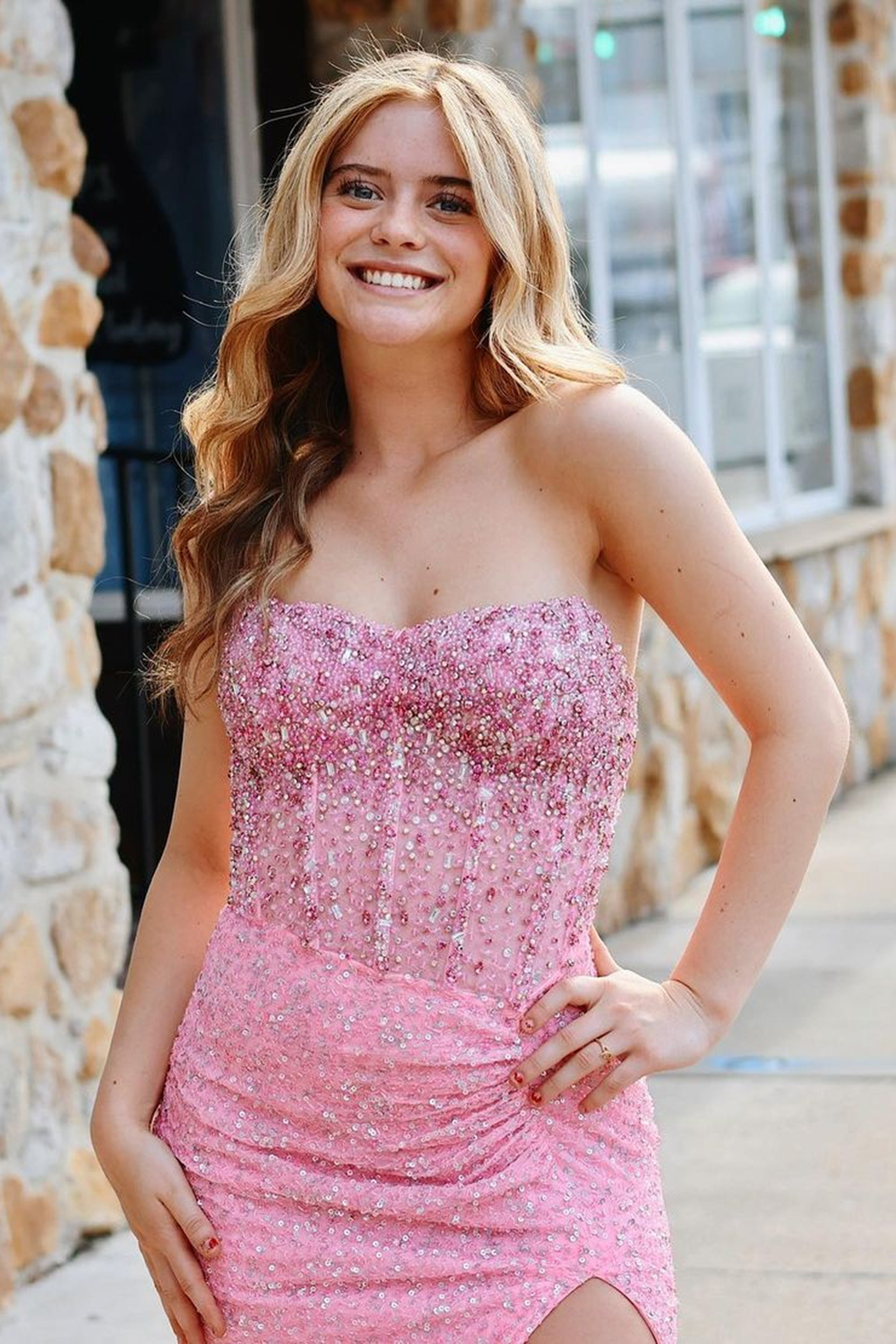 Sparkly Pink Strapless Sequins Mermaid Long Corset Prom Dress with Slit
