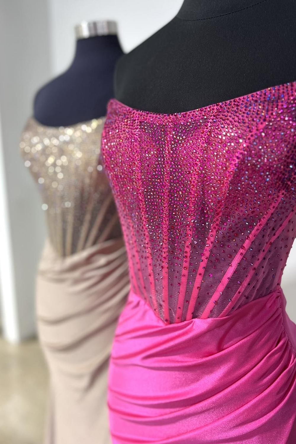 Black Strapless Mermaid Beaded Long Corset Prom Dress with Slit