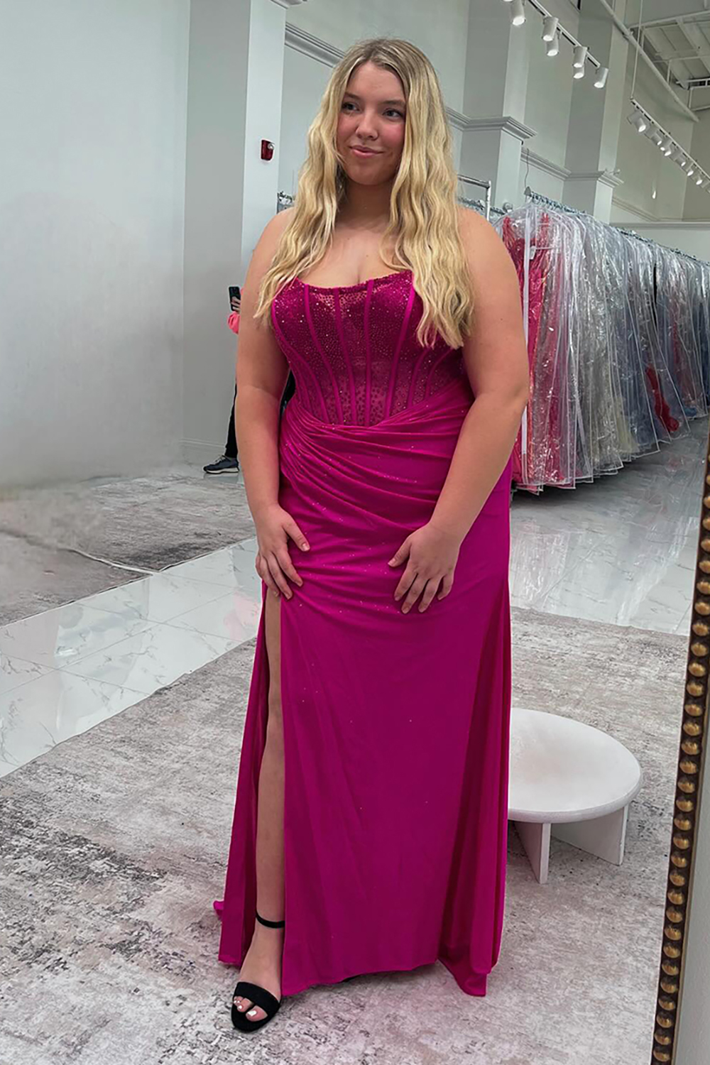 Fuchsia Mermaid Strapless Beaded Long Corset Prom Dress with Slit