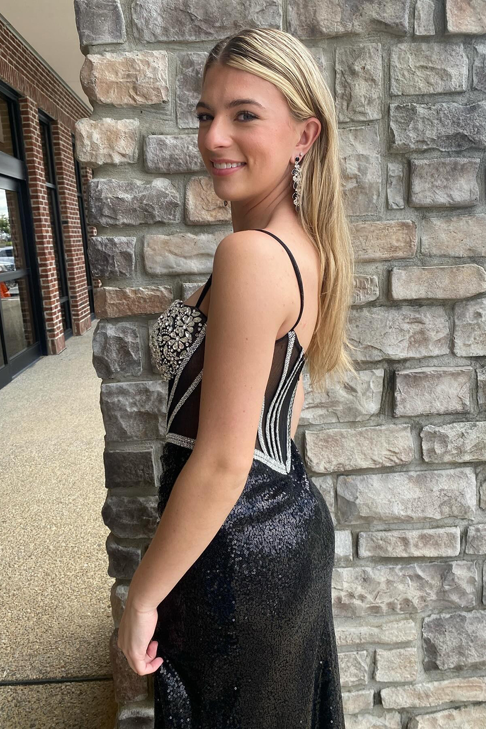 Sparkly Black Spaghetti Straps Mermaid Sequins Long Corset Prom Dress with Beading