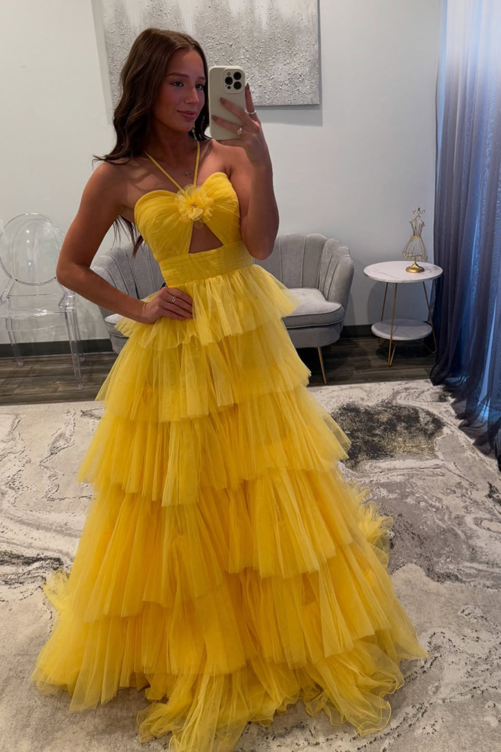 Orange Halter Neck A-Line Tulle Tiered Long Prom Dress