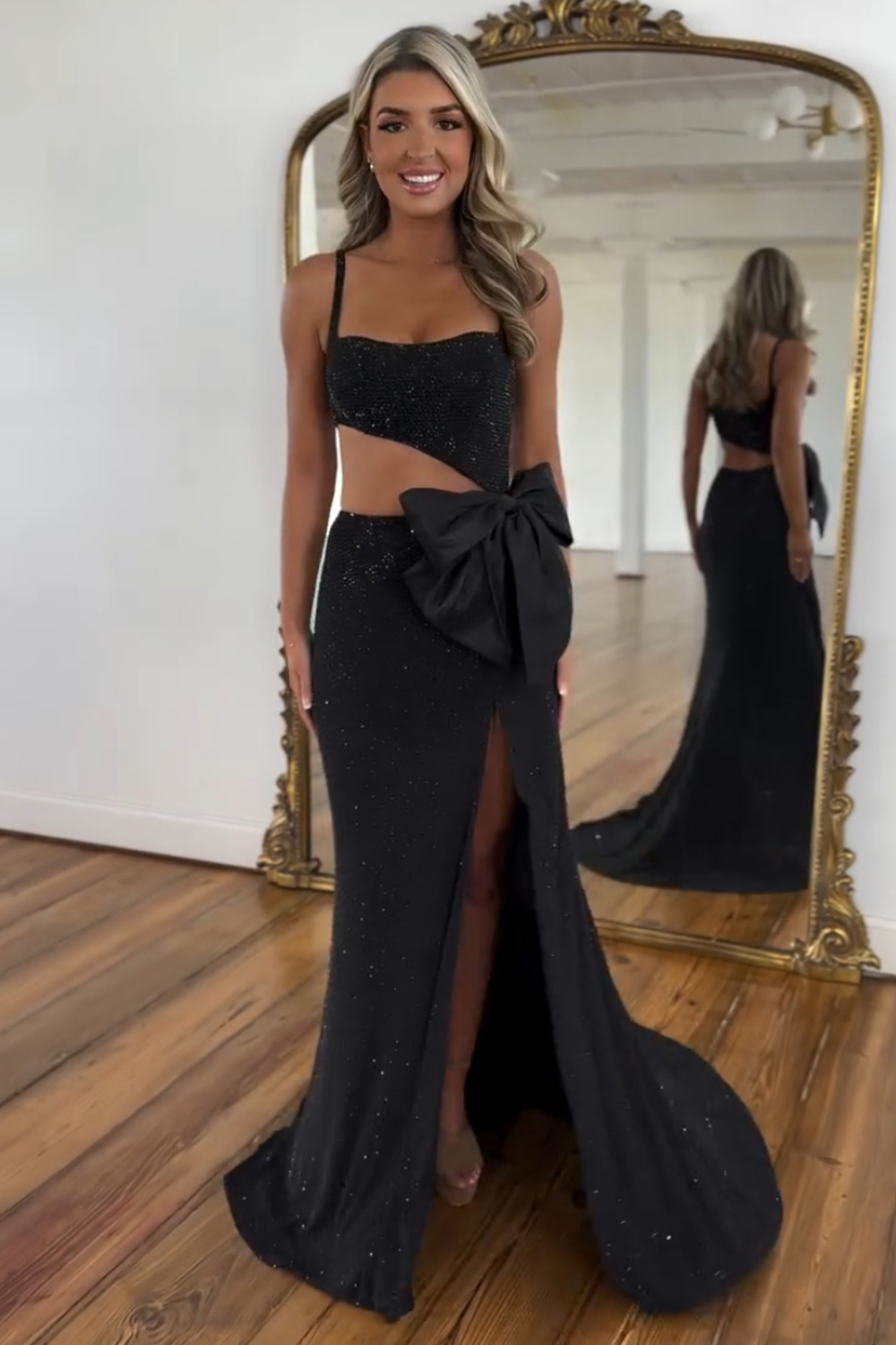 Glitter Black Spaghetti Straps Mermaid Cut-out Long Prom Dress with Beading